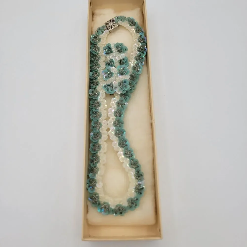 Vintage 1950s Aqua Sequin Necklace & Earrings Set